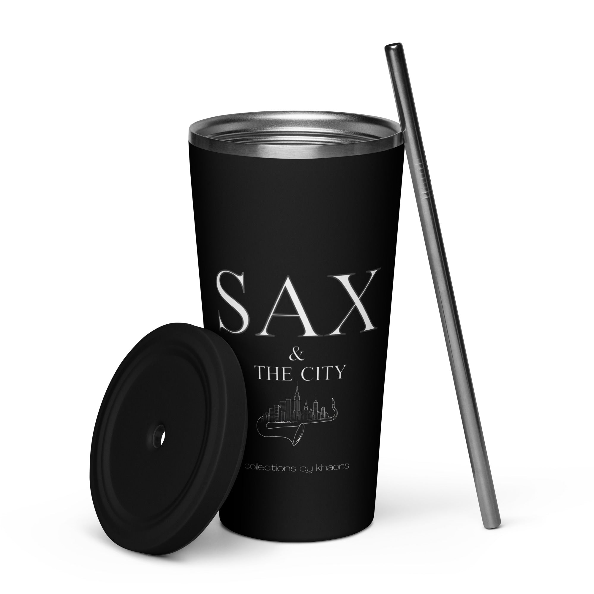 Sax & The City tumbler with a straw
