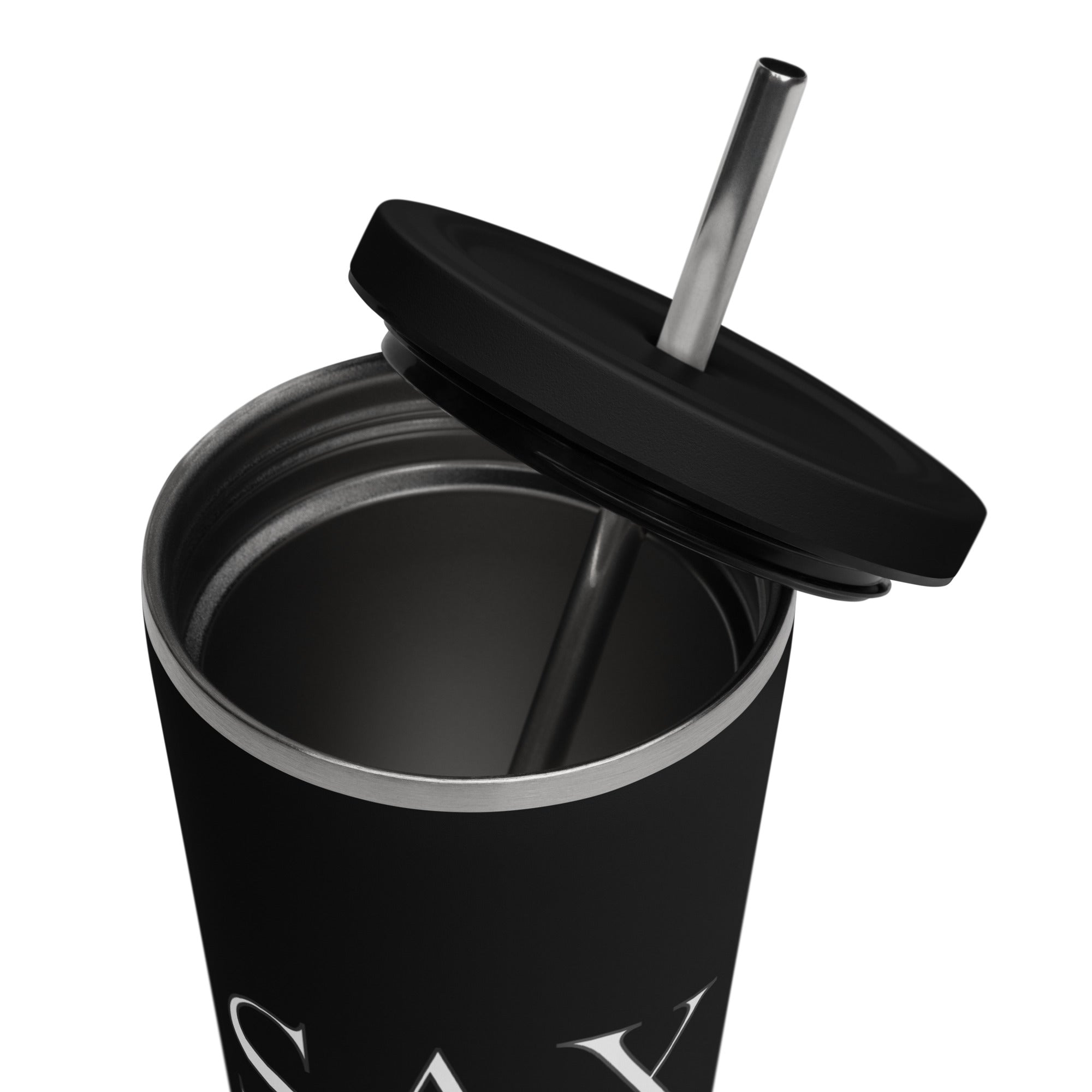 Sax & The City tumbler with a straw